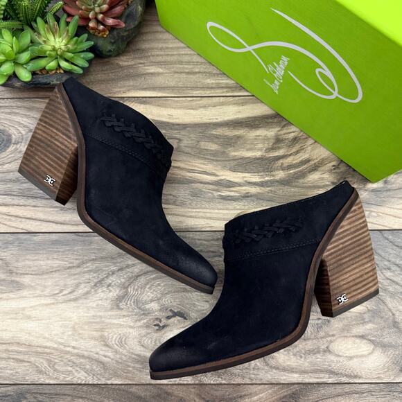NIB SAM EDELMAN Alison 8M Suede Pointed Toe Stacked Block Heel Mule Black - Picture 3 of 11